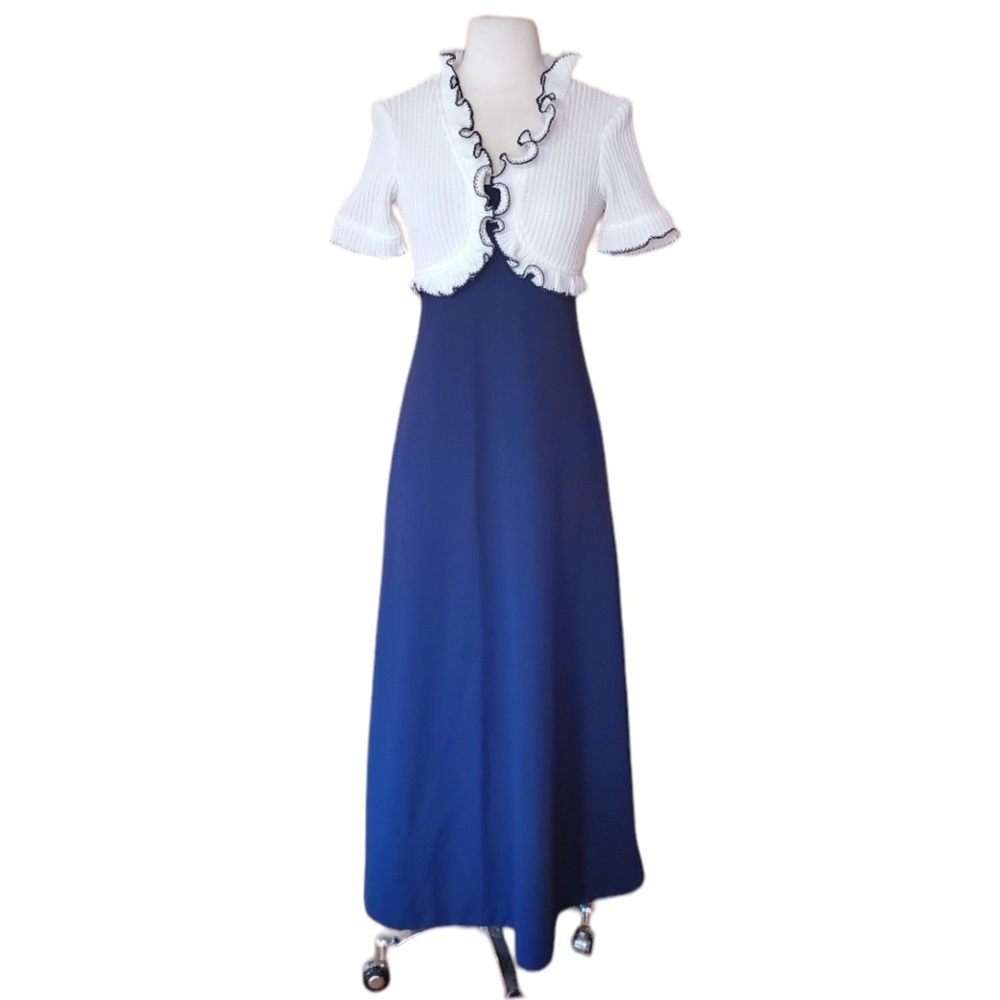 1970s Unlabeled Navy & White, Poly Knit, Maxi Dres